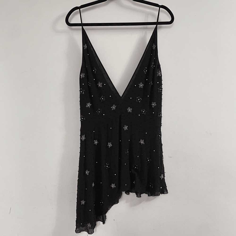 AMIRI Spring 2019 Black Hand Beaded 100% Silk Asymmetrical Mini Dress 6 S M